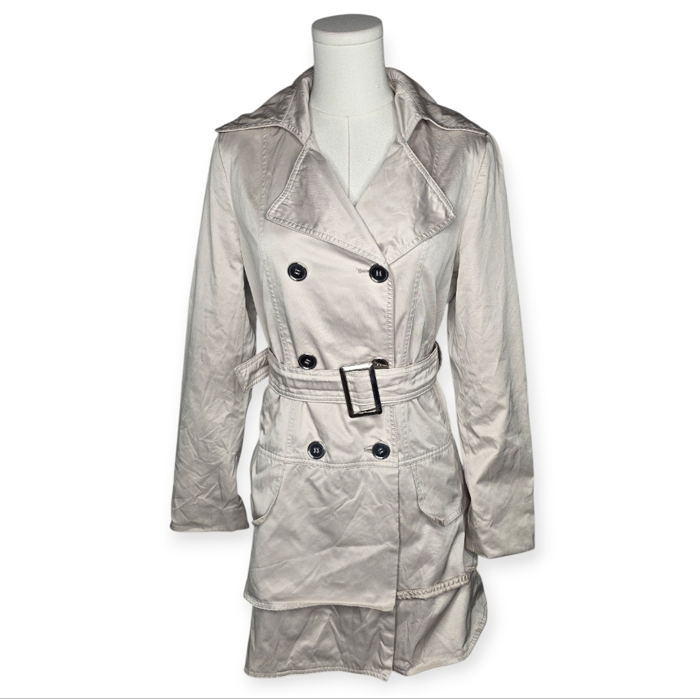 Charles Klein Beige Belted Tiered Trench Coat Double Breasted Sz S